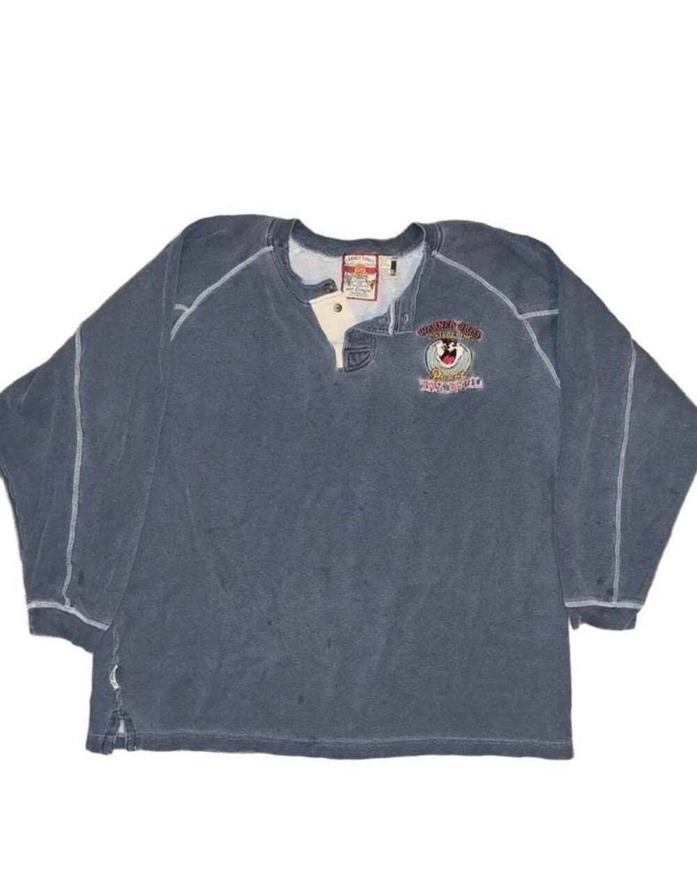 Vintage Looney Tunes Warner Bros Taz Devil Henley Long Sleeve Shirt Size XL Blue